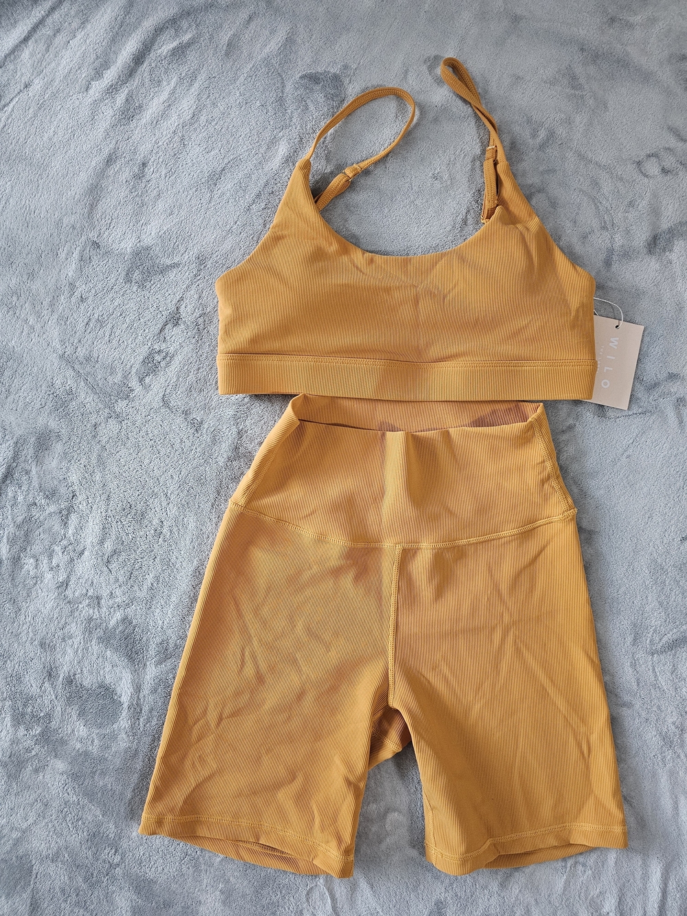 NWT Wilo The Label Ribbed Activewear Set Marigold Gold Sports Bra Biker Shorts M